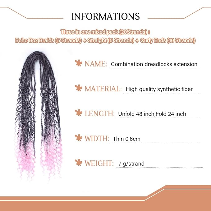Double Ended Dreadlock Extensions 24 Inch Natural Black to Pink Dreads Set Synthetic Boho Braids Curly Hippie Style Dreads 10 Strands Handmade Dreads(24Inch Boho,1B/Pink）