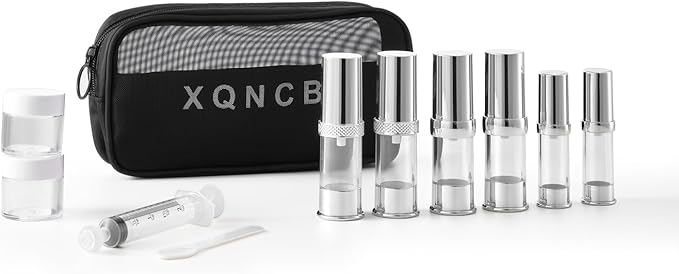 silvery travel size bottle with bag set, airless real pump bottle, reusable vacuum bottle, lotion, hand sanitizer, essence, etc (12 packs) 5ml/10ml/20g ZKP-YS-5-10-15