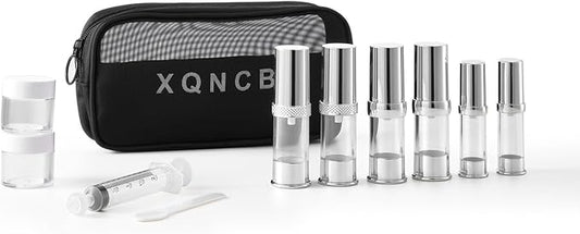 silvery travel size bottle with bag set, airless real pump bottle, reusable vacuum bottle, lotion, hand sanitizer, essence, etc (12 packs) 5ml/10ml/20g ZKP-YS-5-10-15