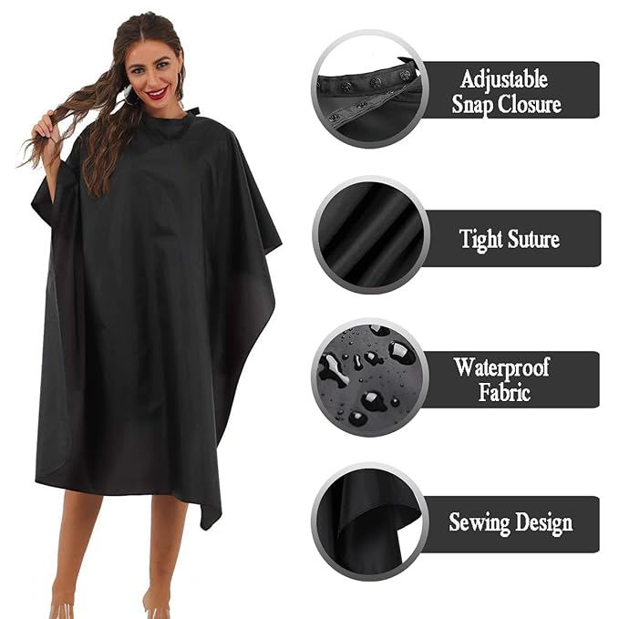 Black Barber Cape with Snap Closure, Professional Waterproof Salon Cape, 59" x 47", 5 Pack