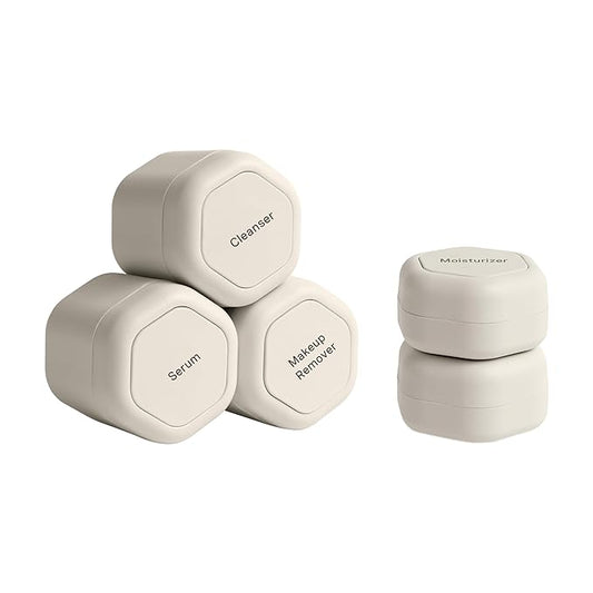 Cadence Travel Containers - Core Skincare Set - Magnetic Travel Capsules - 2 Small (0.56oz) & 3 Medium Capsules (1.32oz) with Cleanser, Moisturizer, Serum, Makeup Remover & Sun-Icon Label - Sand