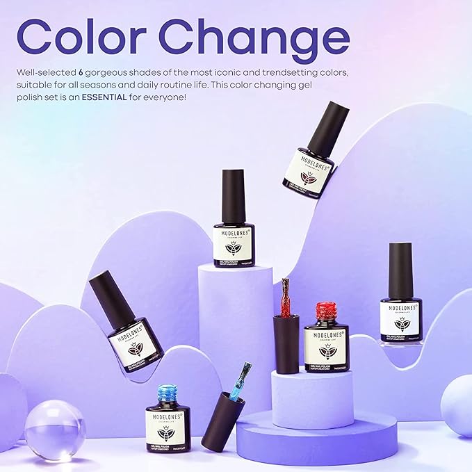 MODELONES Mood Gel Nail Polish Set Temperature Color Changing Gel Colors Collection Red Blue Glitter Gel Polish Soak Off 6 Colors Christmas Gifts New Year Holiday Salon DIY at Home