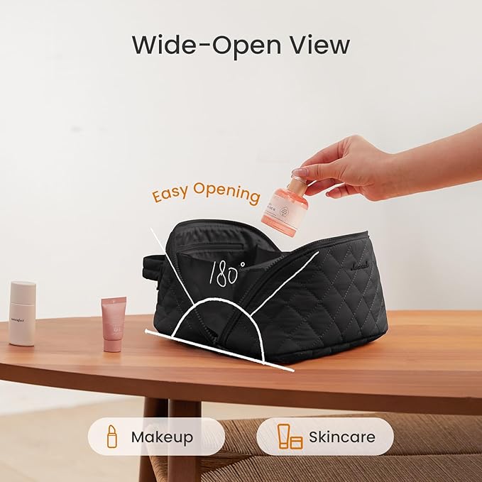 LOVEVOOK Travel Makeup Bag for Women, 2Pcs Set Puffer Waterproof Cosmetic Organizer, Large Capacity Pouch Open Flat Toiletry Bag with Divider & Handle, Portable Gift for Her, Black