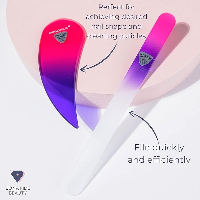 BONA FIDE BEAUTY Drop Ergonomic Glass Nail File Manicure Set - 4-Pieces Comfort Grip Ergofile Czech Glass