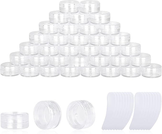 200PCS 3 Gram Sample Containers, 3ml Empty Jars with Lids, Small Cosmetic Containers, Mini Sample Jars with 16PCS Mini Spatulas for Make Up, Oils, Lotion, Powder, Paint, Jewelry, Lip Balms(Clear Lid)