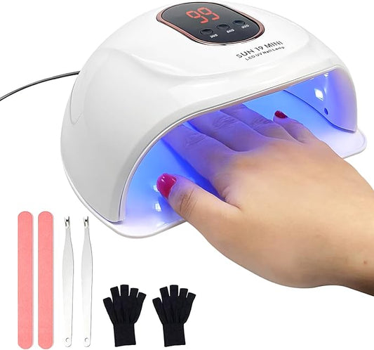 LED Nail Lamp with Gloves Nail Files Cuticle Trimmers, 3 Timers Auto Sensor Gel Polish Curing Dryer Light with Display Detachable Base