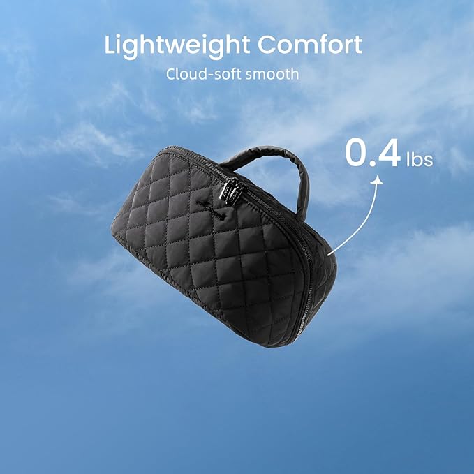 LOVEVOOK Travel Makeup Bag for Women, 2Pcs Set Puffer Waterproof Cosmetic Organizer, Large Capacity Pouch Open Flat Toiletry Bag with Divider & Handle, Portable Gift for Her, Black