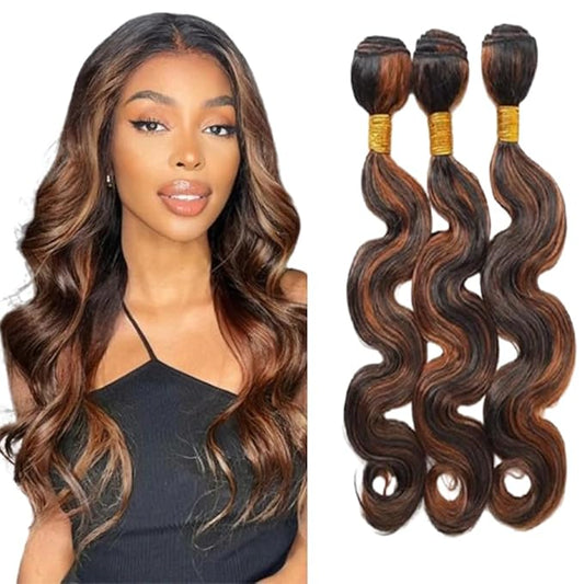P1B/30 Body Wave Bundles Highlight Body Wave Human Hair Bundles Black and Light Brown two tone Brazilian Human Hair Soft and Silky for Black Women 08 10 12 Inch