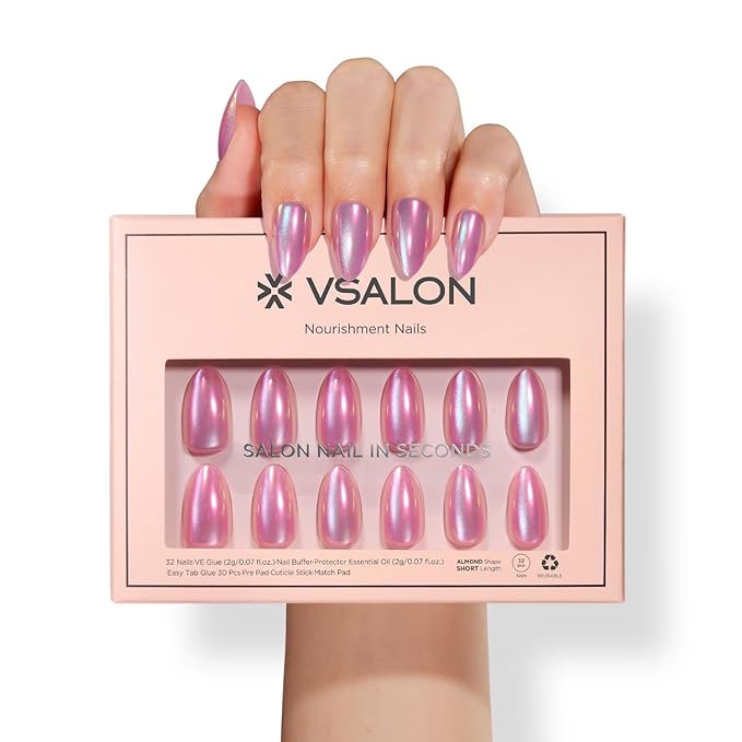 Press on Nails Short Almond - Pink Cat Eye Chrome Nails Kit, Reusable Aurora Effect Fake Nails with Nail Glue, Protector Cuticle Oil, Adhesive Tabs & Mini Nail File - 32 PCS in 16 Sizes (Siren)