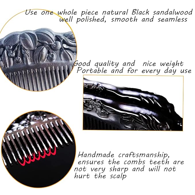 Black Sandalwood Natural Hair Comb, Ebony Carved Fine Tooth Wooden Comb- Anti-Static No Snag Handmade Hair Wood Comb for Women Men - with gift box