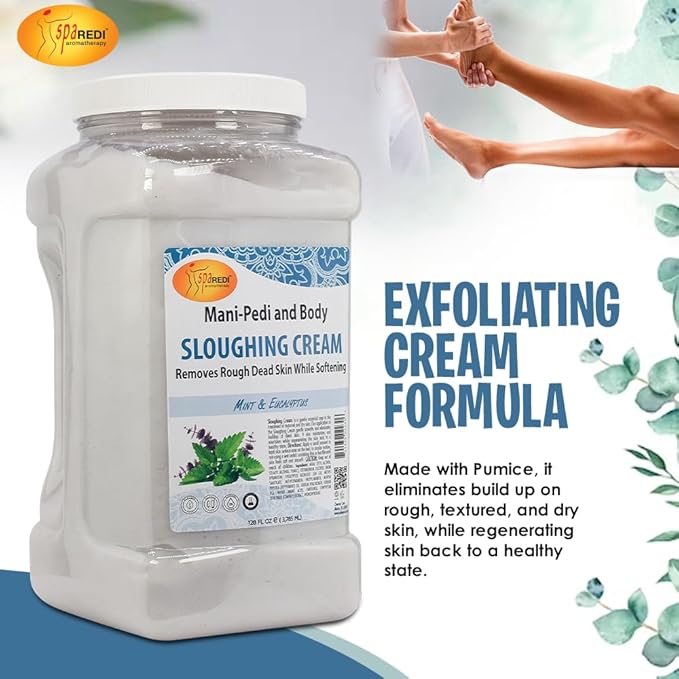 SPA REDI - Foot Cream, Sloughing Lotion, Mint and Eucalyptus 128 Oz - Pedicure Massage Foot Care for Dry Cracked Feet, Scrub Gently, Exfoliating, Smooths and Eliminates Buildup of Dead Skin