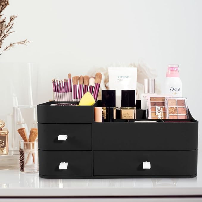 Makeup Organizer for Vanity, Large Countertop Organizer with Drawers, Cosmetics Storage for Skin Care, Brushes, Eyeshadow, Lotions, Lipstick,Nail Polish.Great for Dresser, Bathroom, Bedroom, Black