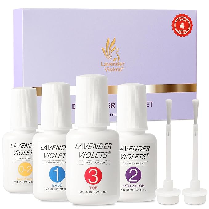 Lavender Violets Dip Powder Liquid Set with Nail Primer, Activator, Base and Top Coat Long Lasting for Dip Powder Nail Kit J781
