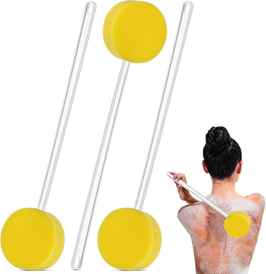 3 Pcs Long Handle Bath Sponge 22.4'' Back Sponge on a Stick Lightweight Back Washer Handled Butt Scrubber Shower Brush for Foot Body Cleaning Bathing Limited Motion, Yellow(Round Style)