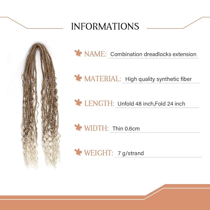 24 In Boho Braid Dreadlock Extensions, 10 Strands Brown to Blonde Synthetic Curly Dreads Extensions with Box Braid, 100% Handmade Dreads Hippie Style Dreadlocks for Woman