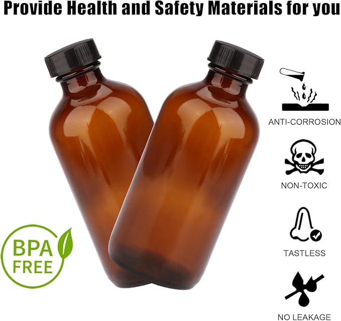 4oz Amber Glass Bottles, Boston Round Glass Bottles (50 Pack) with Leak-proof Caps, Refillable Container for Homemade Vanilla Extract, Essential Oils, Herbal Medicine and More