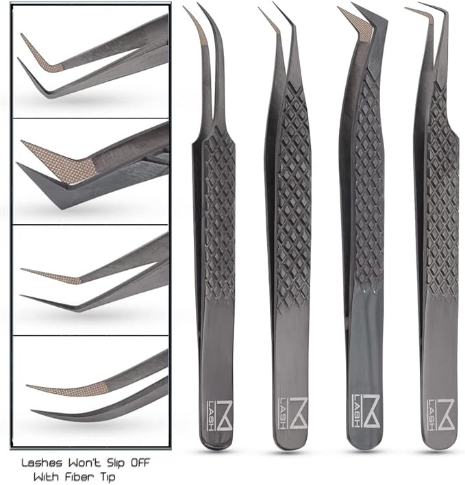 M LASH Tweezers for Eyelash Extensions (Set of 4) - Professional Lash Extension Tweezers - Japanese Steel, Diamond Grip