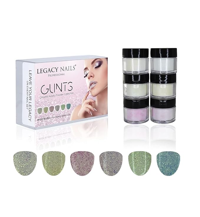 Legacy Nails Professional COLLECTION Acrylic Powder Kit 6 Colors Nail Art Set for Manicure DIY for Dip & Acrylic Nail Extensions (GLINTS COLLECTION)