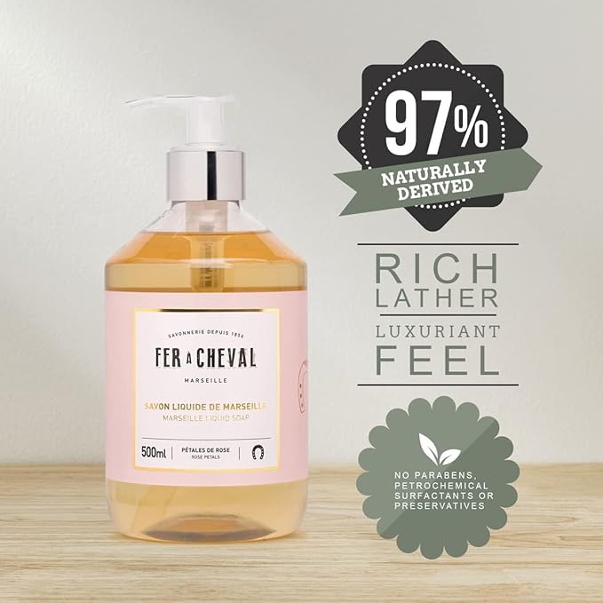 Fer à Cheval Marseille Liquid Soap, French Savon Liquide De Marseille, Luxury Rose Scented Liquid Marseille Soap, Rose Petals, 500ml/16.9fl oz