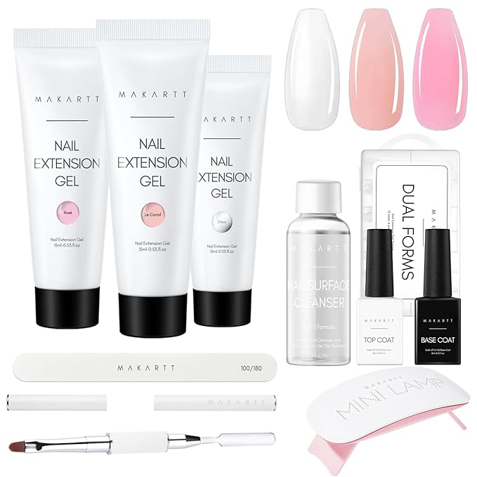Makartt Poly Nail Gel Kit with UV LED Lamp: Clear Pink Neutral Colors, Multifunctional Builder for Extension strengthener, with Slip Solution, Dual Forms, Base Top Coat, Brush All in One Starter Set