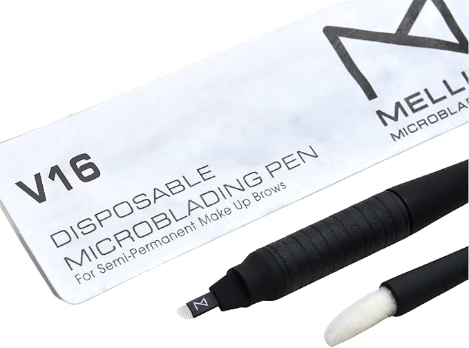 M PACK OF 10 Mellie's Signature Microblading Disposable Pen - Sterilized Blade - Comfortable Rubber Grip With Pigment Sponge (V16 .18mm, Black)