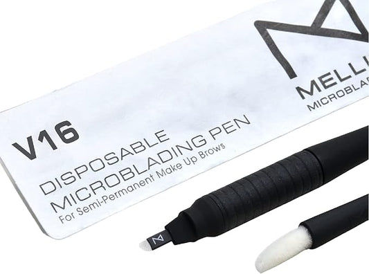 M PACK OF 10 Mellie's Signature Microblading Disposable Pen - Sterilized Blade - Comfortable Rubber Grip With Pigment Sponge (V16 .18mm, Black)