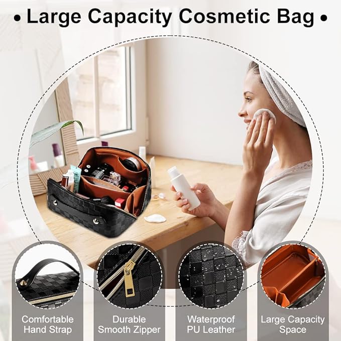Cessfle Large Capacity Travel Cosmetic Bag Plaid Checkered Makeup Bag Portable Leather Waterproof Skincare Bag with Handle and Divider for Women, Black