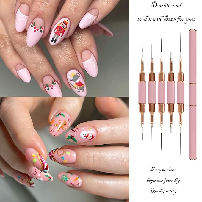 Nail Art Liner Brushes Pink Set,Double-End Nail Art Brushes 10 Heads Striping Liner Brush For Long Lines Detail Thin Nail Art Brush Metal Handle Striper Brushes for Valentine's Day or Birthdays Gift