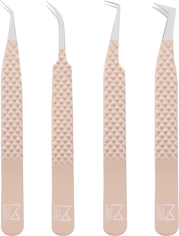 M LASH Tweezers for Eyelash Extensions (Set of 4) - Professional Lash Extension Tweezers - Fiber Tip, Japanese Steel, Diamond Grip Eyelash Extension Tweezer (ET-Neu)