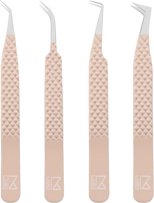 M LASH Tweezers for Eyelash Extensions (Set of 4) - Professional Lash Extension Tweezers - Fiber Tip, Japanese Steel, Diamond Grip Eyelash Extension Tweezer (ET-Neu)