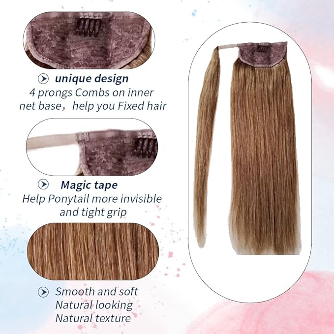 Ponytail Extension Human Hair Ponytail Straight Clip in Wrap Around Pony Remy Hair Extensions for Women 18 Inch 80G #Ash Brown