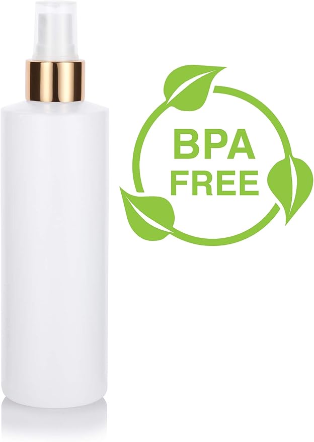 JUVITUS 8 oz Clear Natural Refillable Plastic Squeeze Bottle with Gold Metal Fine Mist Sprayer - (6 Pack)