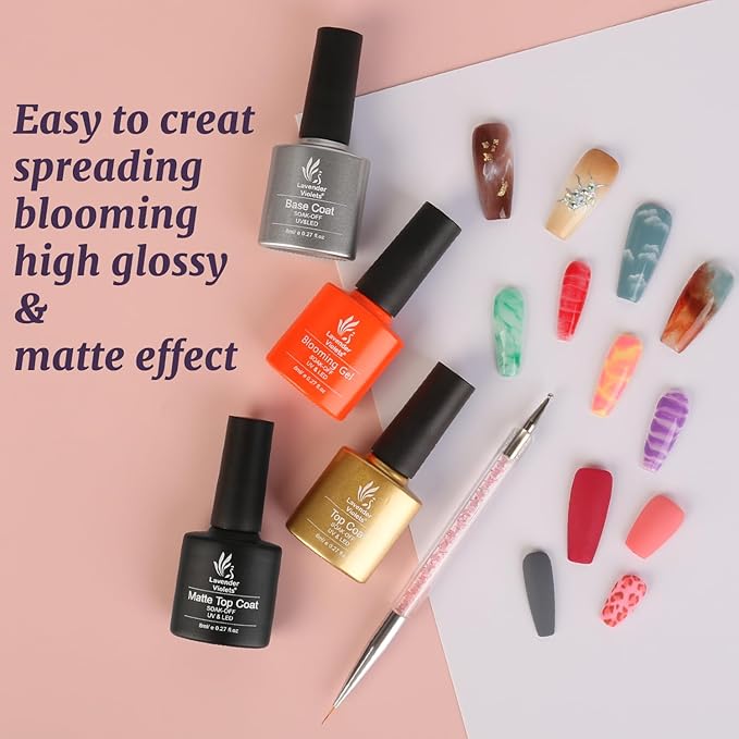 Lavender Violets 26 PCS Blooming Gel Nail Polish Set, 21 Colors Marble Flower Watercolor Solid Glitter Red Brown Green Black with Base Coat Glossy and Matte Top Coat Liner Brush Pen C406