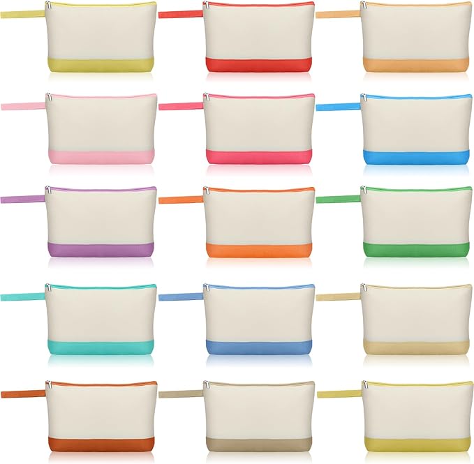 Silkfly 15 Pcs Cotton Canvas Makeup Bags Canvas Cosmetic Bag 10.2 x 5.5 x 2 Inches Two Tone Makeup Bags Bulk with Zipper Blank DIY Pouch with Bottom Travel Toiletry Pouch for Women (Cute)