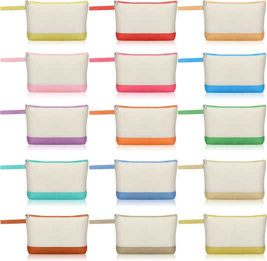 Silkfly 15 Pcs Cotton Canvas Makeup Bags Canvas Cosmetic Bag 10.2 x 5.5 x 2 Inches Two Tone Makeup Bags Bulk with Zipper Blank DIY Pouch with Bottom Travel Toiletry Pouch for Women (Cute)