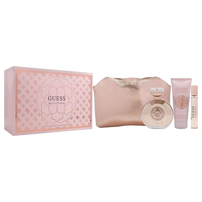 Guess Bella Vita Rosa for Women - 4 Pc Gift Set 3.4oz EDT Spray, 0.5oz EDT Travel spray, 3.4oz Body Lotion, Pouch