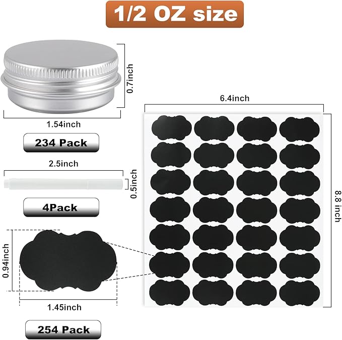 234 Pack Round Cans with Screw Lid 1/2 OZ Aluminum Metal Tins,for DIY homemade lotion bars, salves, and candles, Balms, Spices, Beard Balm, Crafts with 6 Markers 8 Sheets Label Stickers