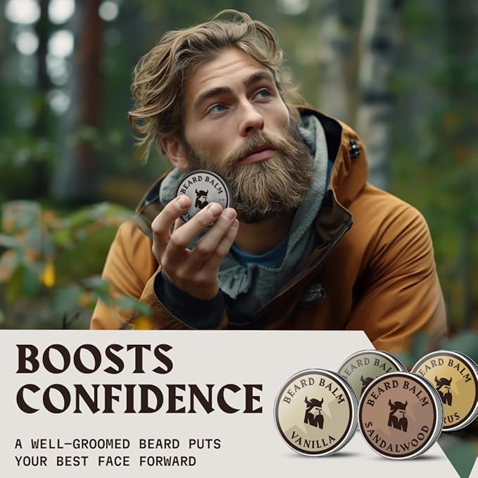 Striking Viking Beard Balm for Men – Light Hold, 1 Oz, Pack of 4 with Citrus, Vanilla, Sandalwood, Cedar Scents - Leave-in Beard Conditioner with Shea Butter, Tea Tree, Argan & Jojoba Oils