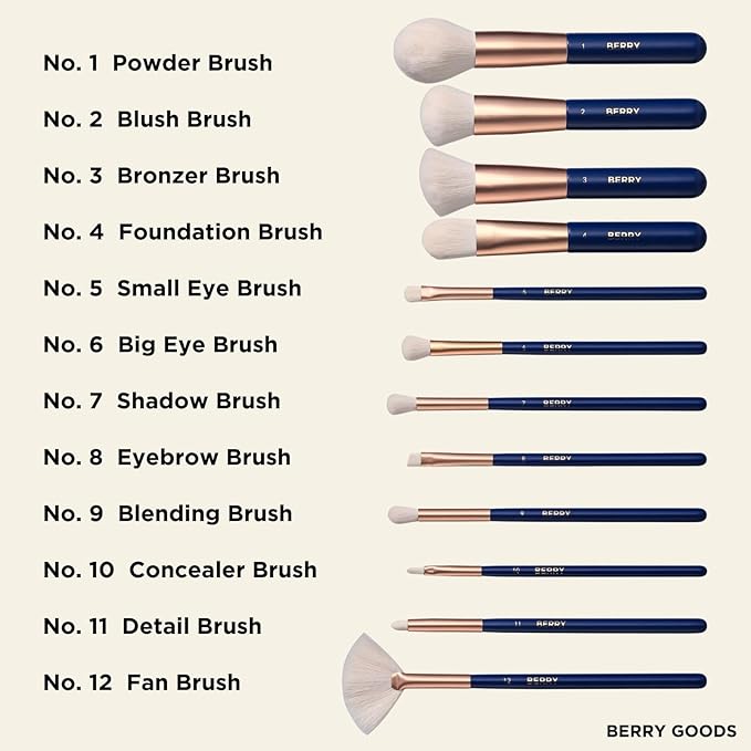 BERRY Blue Premium Makeup Brush Set – 12-Piece Professional Ultra-Soft Synthetic Brushes for Face & Eyes | Foundation, Powder, Blush, Concealer, Eyeshadow – Vegan, Cruelty-Free, Numbered, Travel Case