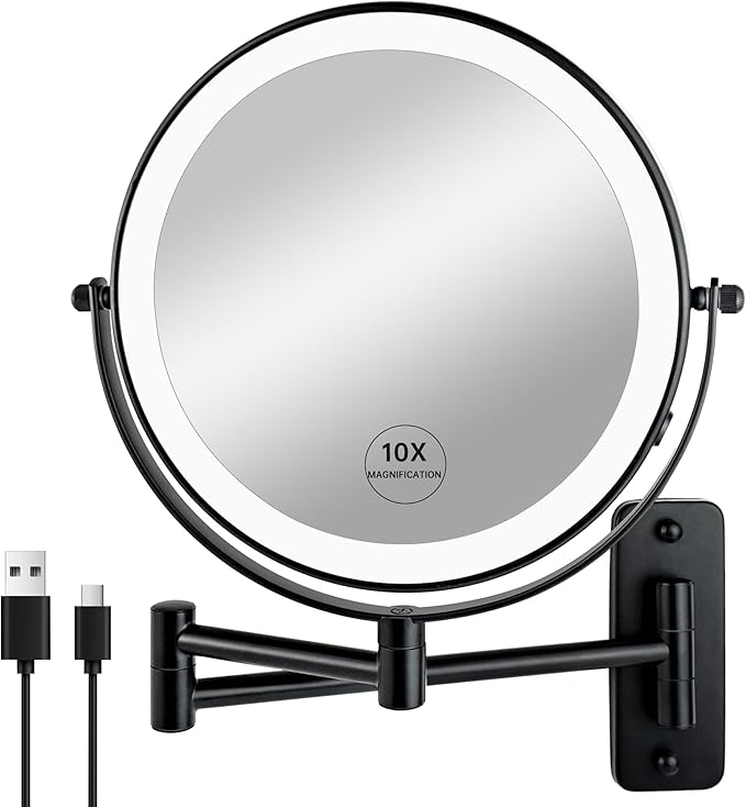 JANEEVA 8" Wall Mounted Lighted Makeup Mirror,Rechargeable Double Sided 1X/10X Magnifying Mirror with 3 Color Lights,Touch Dimmable Bathroom Vanity Mirror with 360°Swivel Extendable Arm Matte Black