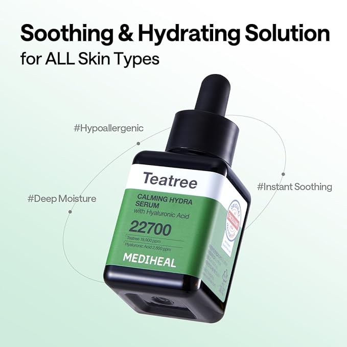 Mediheal Teatree Calming Serum 1.35 fl.oz - Quick Skin Calming and Redness Relief - Sebum Care, Oil Moisture Balance & Deep Moisturization with Hyaluronic Acid
