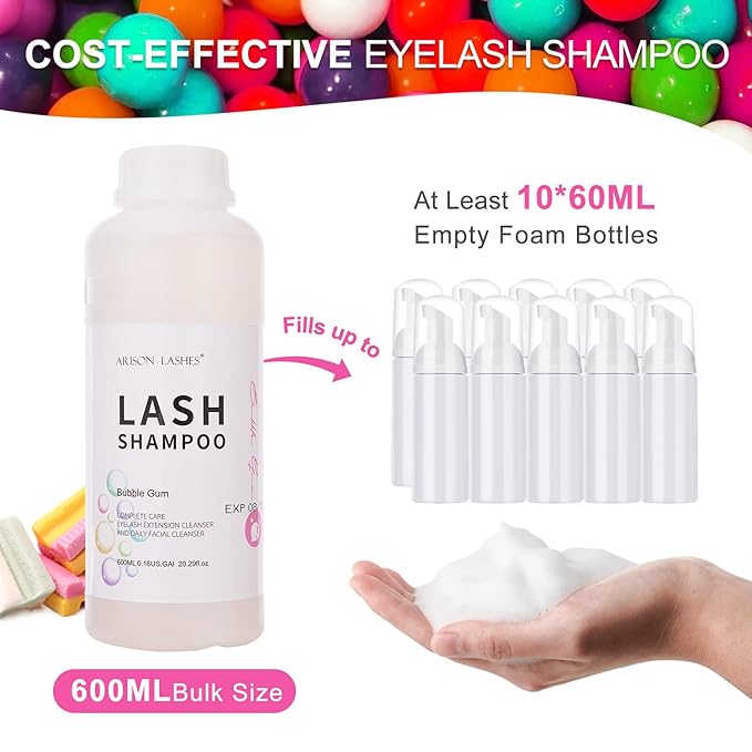 Arison Eyelash Eyelash Extension Shampoo 600ml / Eyelid Foaming Cleanser/Wash for Extensions and Natural Lashes/Paraben & Sulfate Free Safe Makeup & / Professional & Self Use (Bubble Gum)