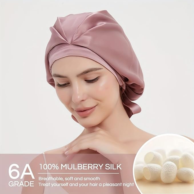 RachelSilk 100% Mulberry Silk Sleep Cap, Grade 6A 19 Momme Silk for Women Hair Care, Silk Night Bonnet with Elastic Stay On Head, Silk Cap after Shower, for Small -Medium Head Size (Rose)