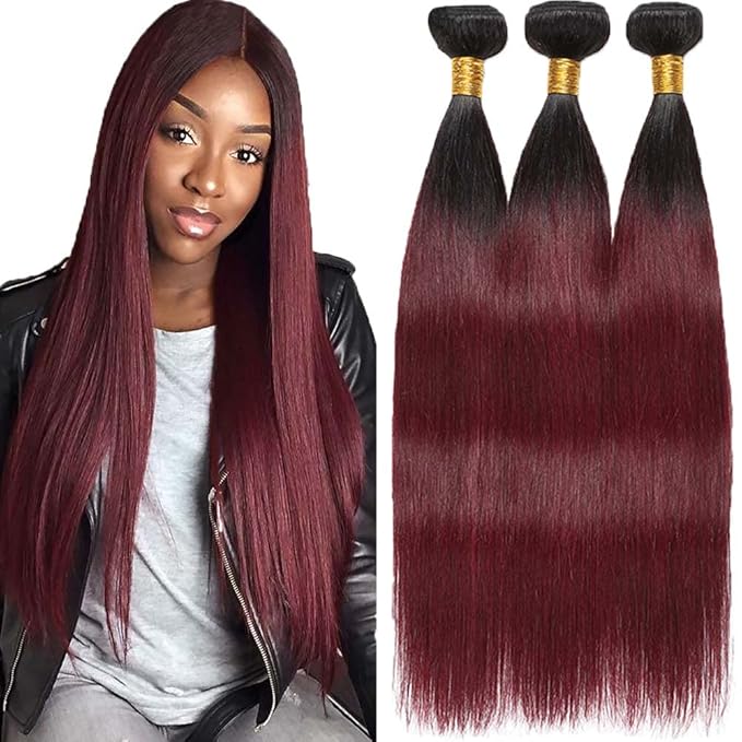 Ombre Human Hair 1B99j Straight Bundles Black Mixed With Burgundy Straight Bundles Two Tone Brazilian Human Hair Extensions Soft and Silky for Black Women 26 28 30 Inch