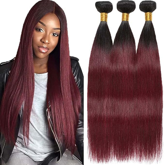 Ombre Human Hair 1B99j Straight Bundles Black Mixed With Burgundy Straight Bundles Two Tone Brazilian Human Hair Extensions Soft and Silky for Black Women 26 28 30 Inch