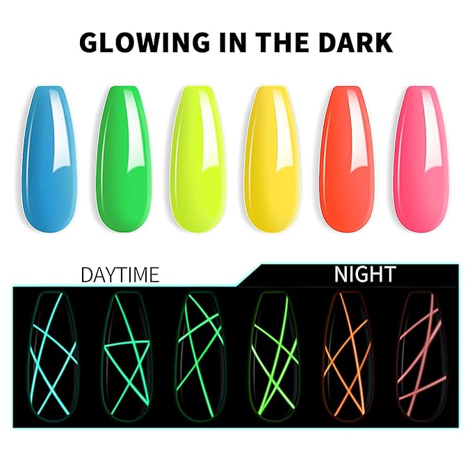 RARJSM Glow In The Dark Gel Liner Art Set - Luminous Painting Gel For Neon Nail Art - Hot Pink, Yellow, Green, Blue, Orange Colors - Christmas Kit