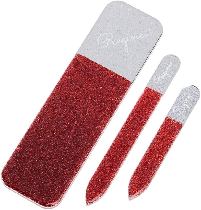3pc Nano File Set: Professional Heavy Duty Glass Nail Files with Case Kit - Reusable Crystal Fingernail Manicure and Pedicure Tools for Men, Women, and Adults (Red Shimmer)