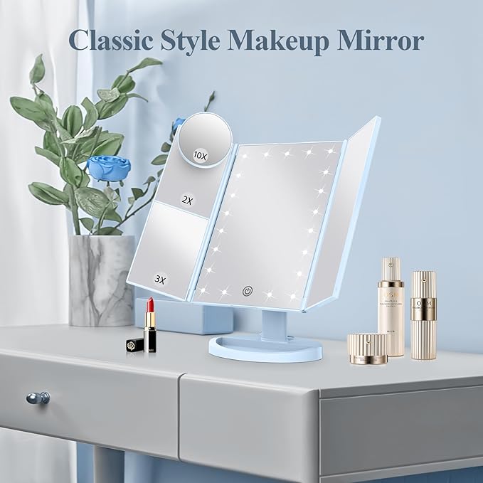 HUONUL Makeup Mirror Vanity with Lights, 2X 3X 10X Magnification, Lighted Mirror, Touch Control, Trifold Dual Power Supply, Portable LED Women Gift (Blue)