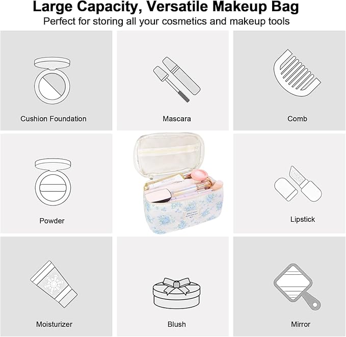 3Pcs Cotton Quilted Makeup Bag for Women Girls, Large Floral Cosmetic Bag Set Cute Makeup Brushes Aesthetic Accessories Storage Bag Blue Rose Flower Travel Toiletry Bag Organizer