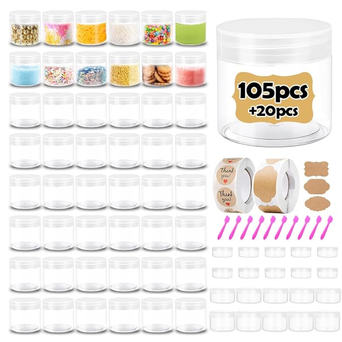 4 oz Plastic Containers with Lids 105pcs Plastic Jars with Clear Lids + 3/5/10/20 Gram 20pcs Sample Containers Travel Jar– Great for Lip Scrub, Body Butters, Cream, Slime, Craft Storage